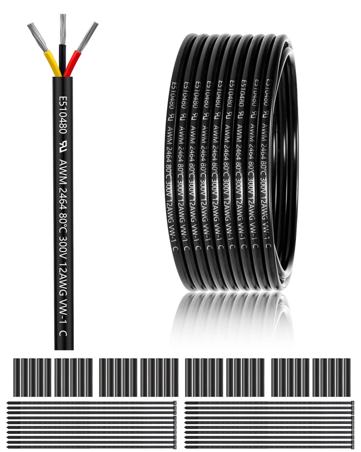 12 Gauge 3 Conductor Electrical Wire 100FT, UL 2464 12 AWG 3 Wire Cable Tinned Copper PVC Stranded 12/3 Core Wire for Marine, LED Lighting, Outdoor Low Voltage Extension Cable, Automotive etc.