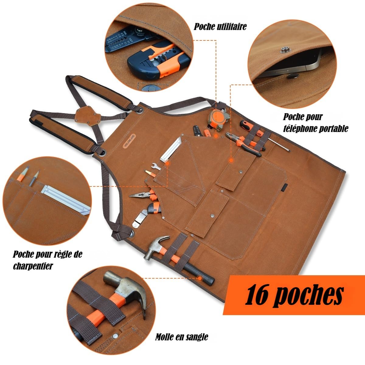 WELKINLAND Tablier à outils à 16 poches, tablier de travail du bois en toile cirée, tablier de soudure robuste, tablier de charpentier entièrement réglable, tablier de menuisier 86,4 x 68,6 cm,