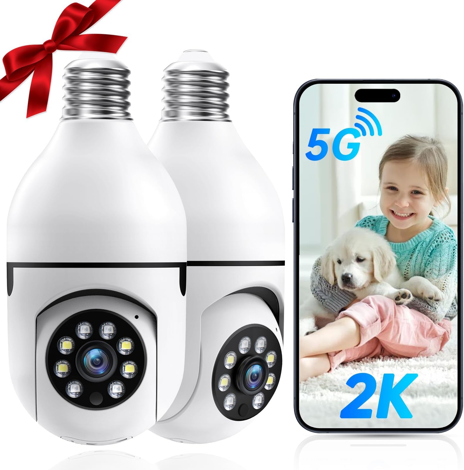 Light Bulb Security Camera -5G& 2.4GHz WiFi Camera Outdoor Wireless Motion Detection and Alarm,Two-Way Talk,Color Night Vision, Lightbulb Security Camera Compatible with Alexa,2 Pack