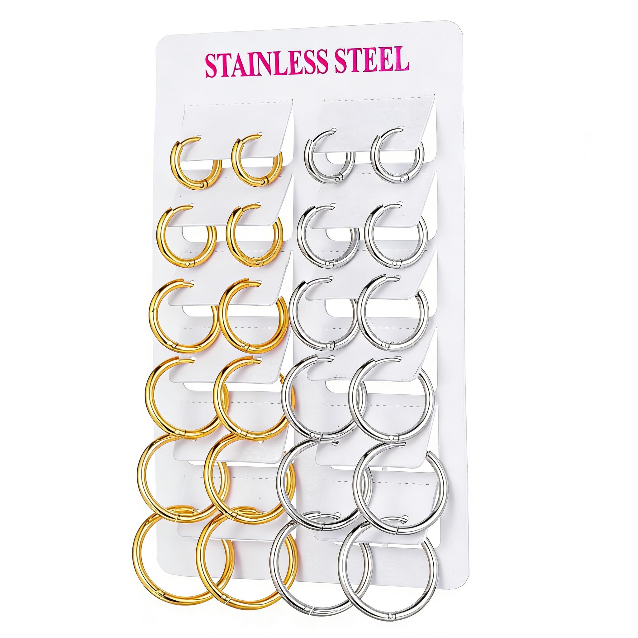 Stainless Steel 12 Pairs 14K Gold and Silver Plated Huggie Hoop Earrings for Women Lightweight Minimalist Small Hoops Hypoallergenic Nickel-free Lead-free Everyday Jewelry for Sensitive Ears Multiple Piercing Stack Set