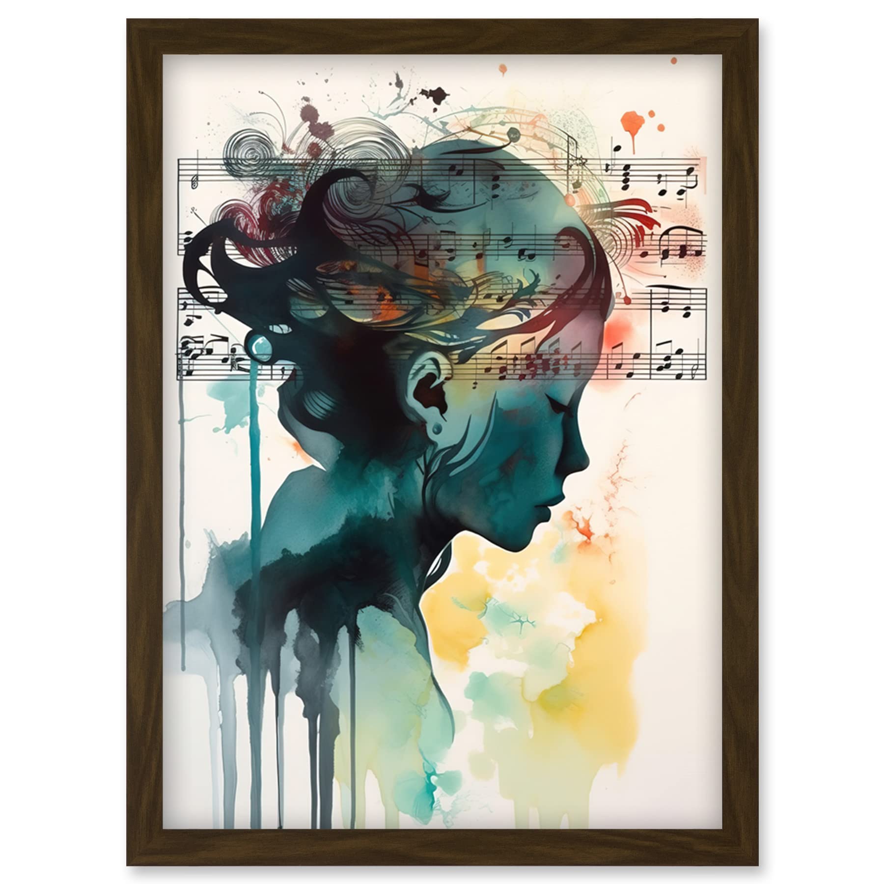 Artery8 Music on my Mind Singing in my Head Modern Portrait Watercolour Illustration Artwork Framed Wall Art Print A4