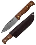 Condor Bushlore Knife - Bushcraft Knife - 1075 High Carbon Steel - Walnut Handle - Scandi Grind - Small Fixed Blade Knives - Hand Crafted Leather Sheath - 3mm Thick - 4.3in Blade - 6.1 oz