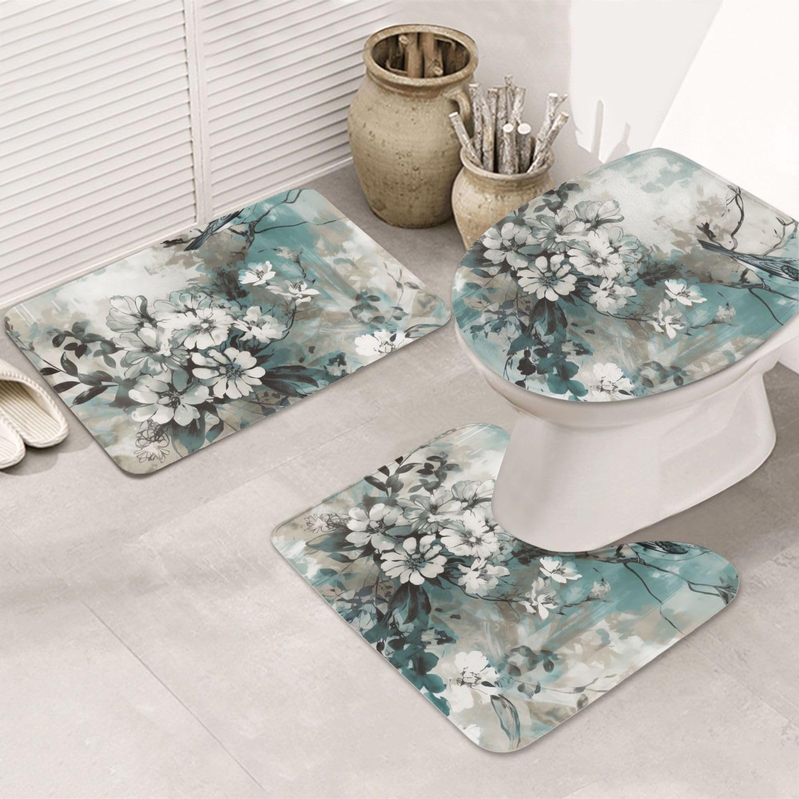 Tapis de salle de bain absorbants et lavables au motif de fleurs peintes pour douche