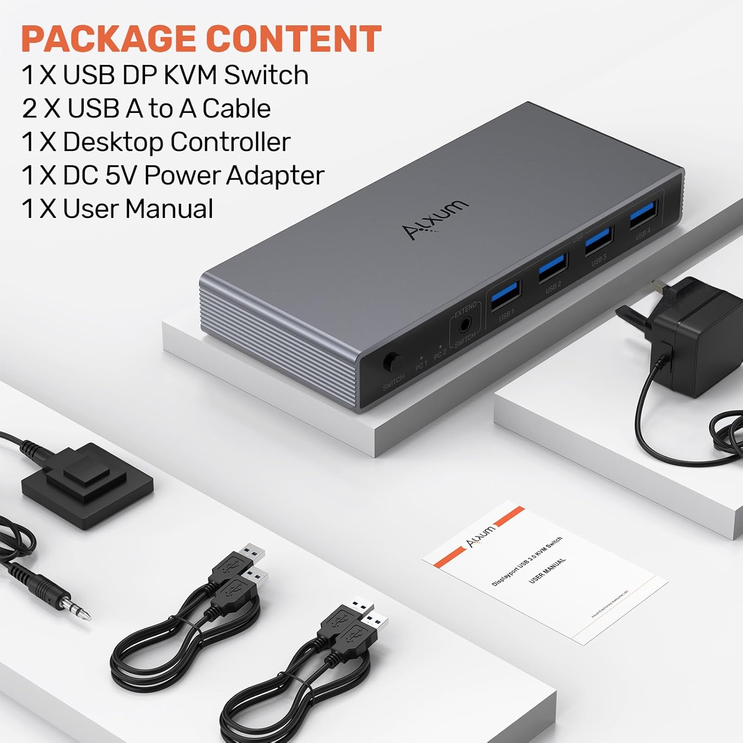 Alxum DP 1.4 KVM Switch–Two Computers Sharing One Monitor,Two Mode Switching,8K 60Hz Ultra HD, 4 USB A 5Gbps for Keyboards,Mouse,USB Drives,External Hard Drives,with Desktop Controller&DC5V Adapter