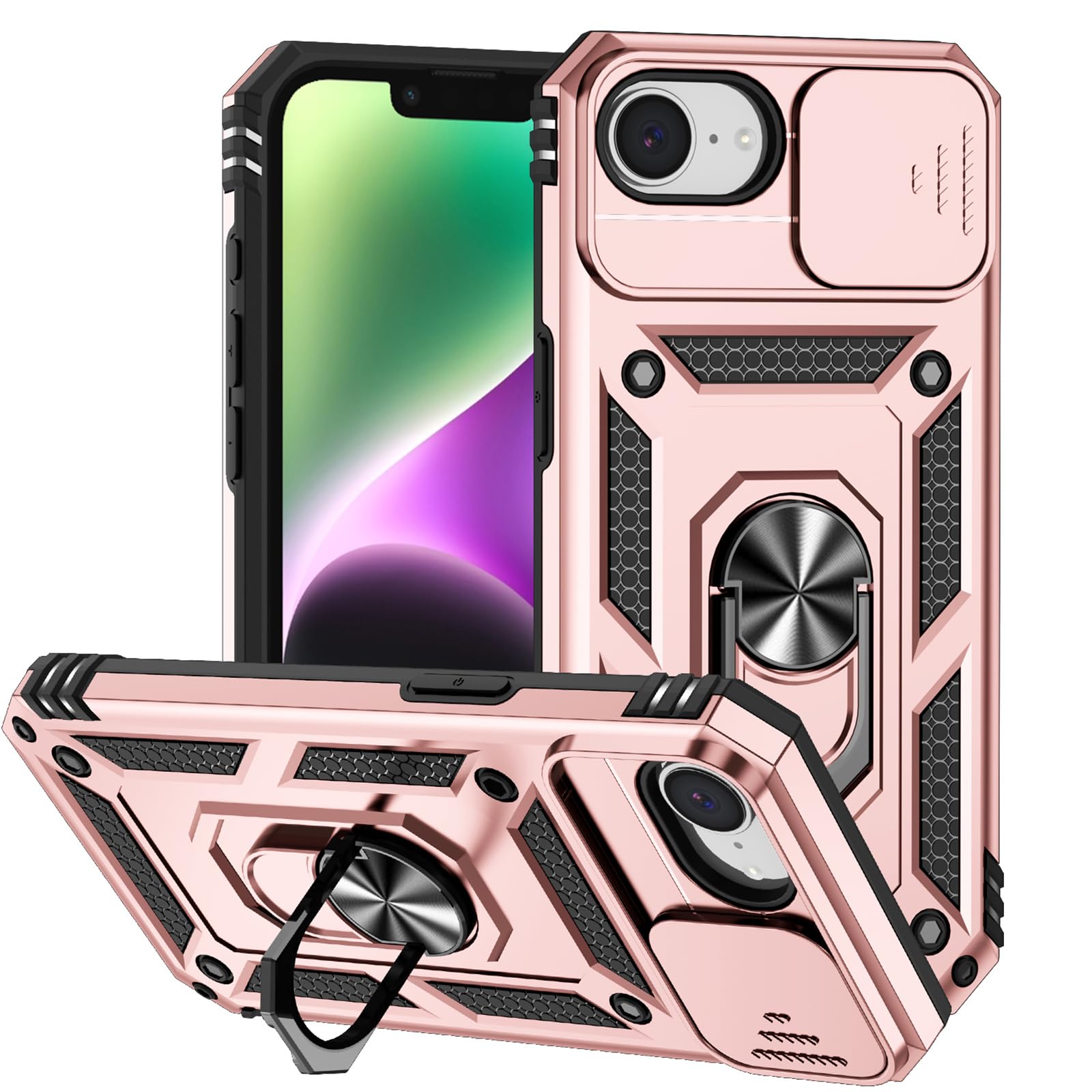 SKPY Case Compatible with iPhone 16E 2025 with Sliding Lens Cover, Military Armor Shockproof Protective Case with 360° Rotating Stand for Men Women