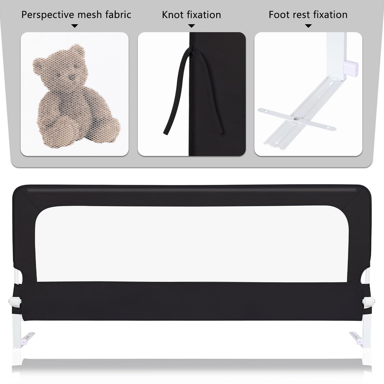 HUOLE Griglia di protezione per letto per bambini, Barriera Protettiva Anticaduta Letto, Richiudibile,pieghevole, protezione da cadute-200 * 70 * 26 cm-nero