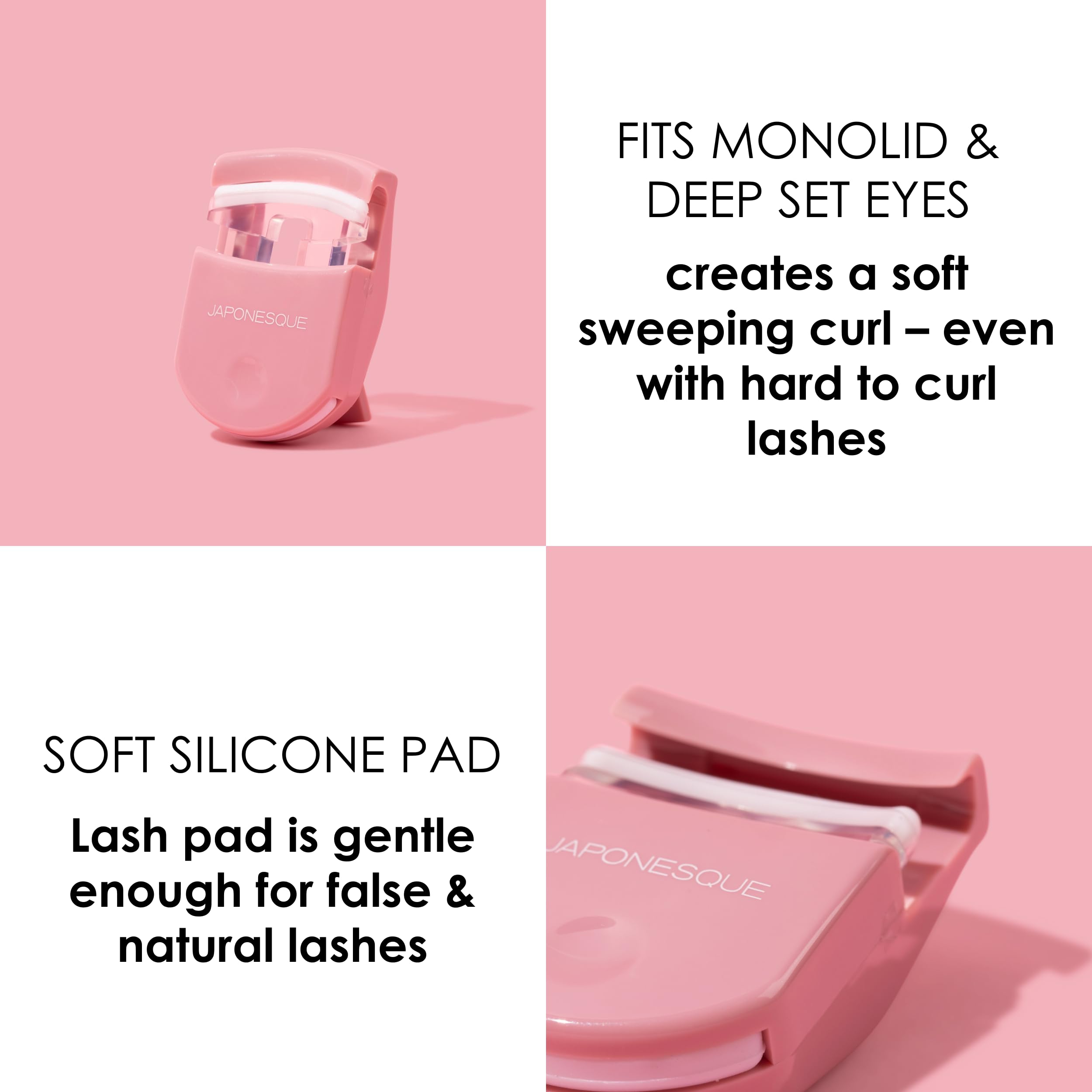 JAPONESQUE Reise-Wimpernzange, Rosa, 2 Stück – Kunststoff Wimpernzange für Reisen Make-up – Kommt mit Bonus Ersatz Lash Pad – 2 Pack