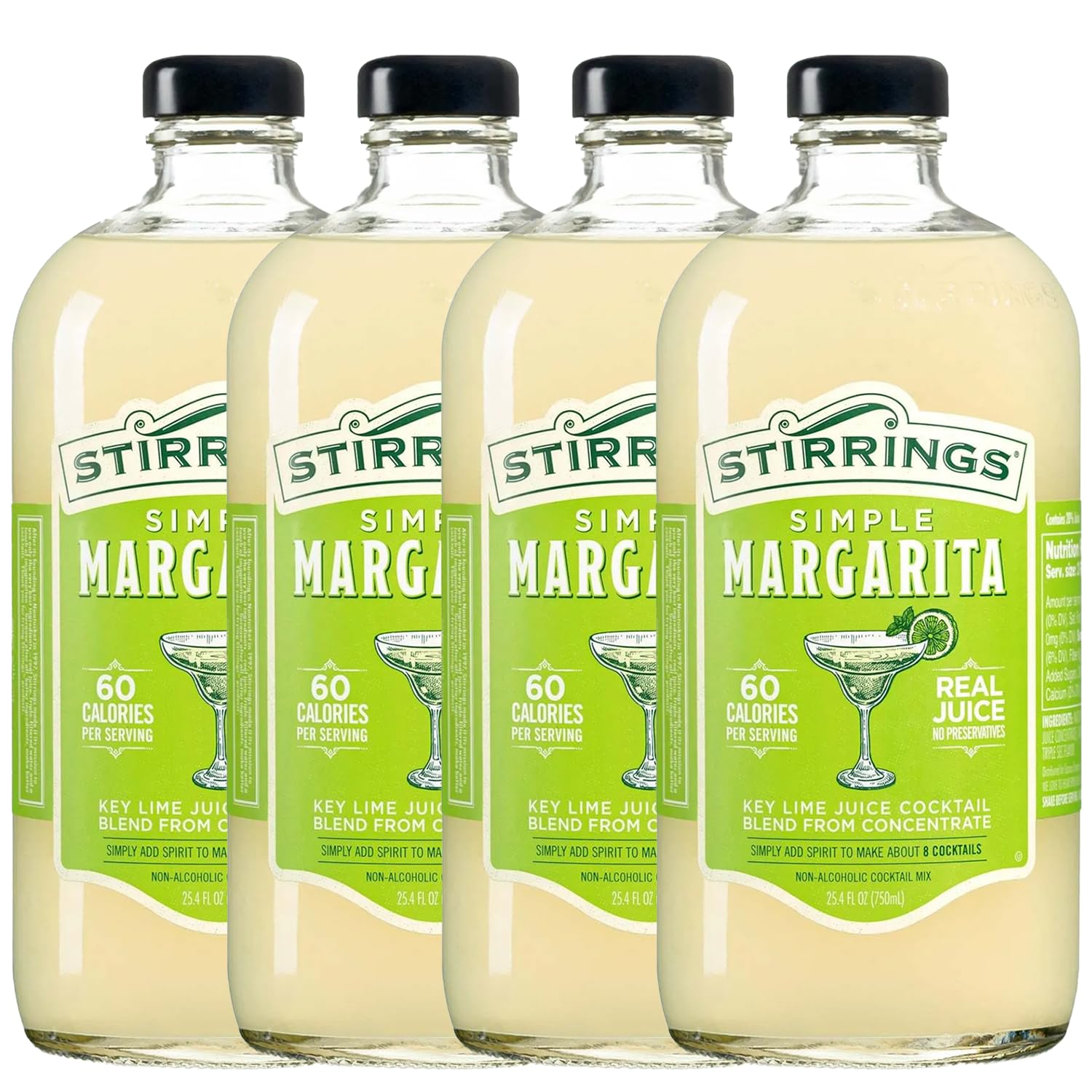 Stirrings 4 Pack Margarita Cocktail Mix 750ml Bottles - Real Juice No Preservatives - 90 Calories - Drink Mixer