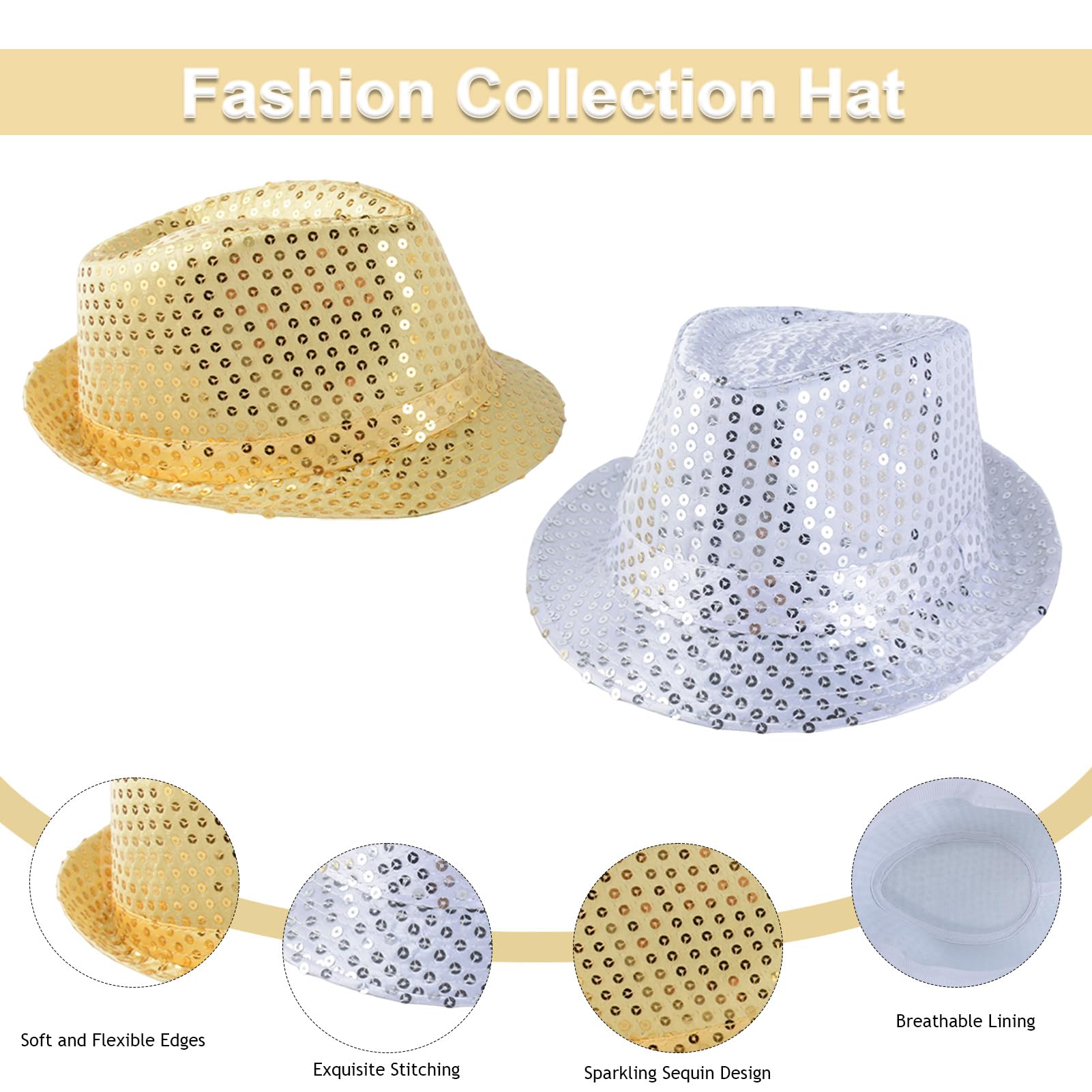 Haayymo 2 Pack Sequin Fedora Hats for Adults Glitter Party Hats Gold & Silver, Disco Fancy Dress Hats for Men & Women - Image 3