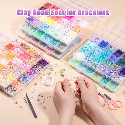 Miniatura 8 de Ybxjges Kit de 22400 cuentas de arcilla para hacer pulseras, kit de cuentas de arcilla polimérica de 168 colores, cuentas heishi planas para niñas