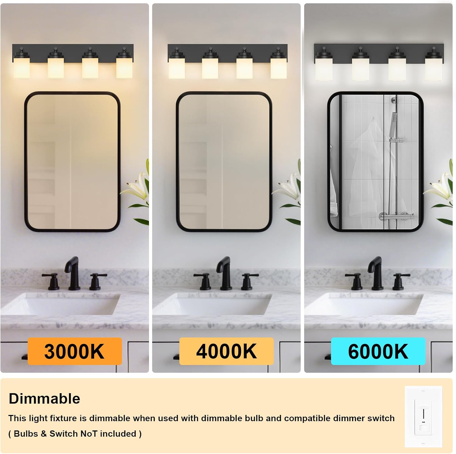 IZORRO Bathroom Vanity Light Fixture, 4-Light 27.5 Inch Matte Black Bathroom Light Fixtures Over Mirror, with White Glass Shade, Modern Farmhouse Vanity Lights, Rustic Restroom Lighting Fixtures