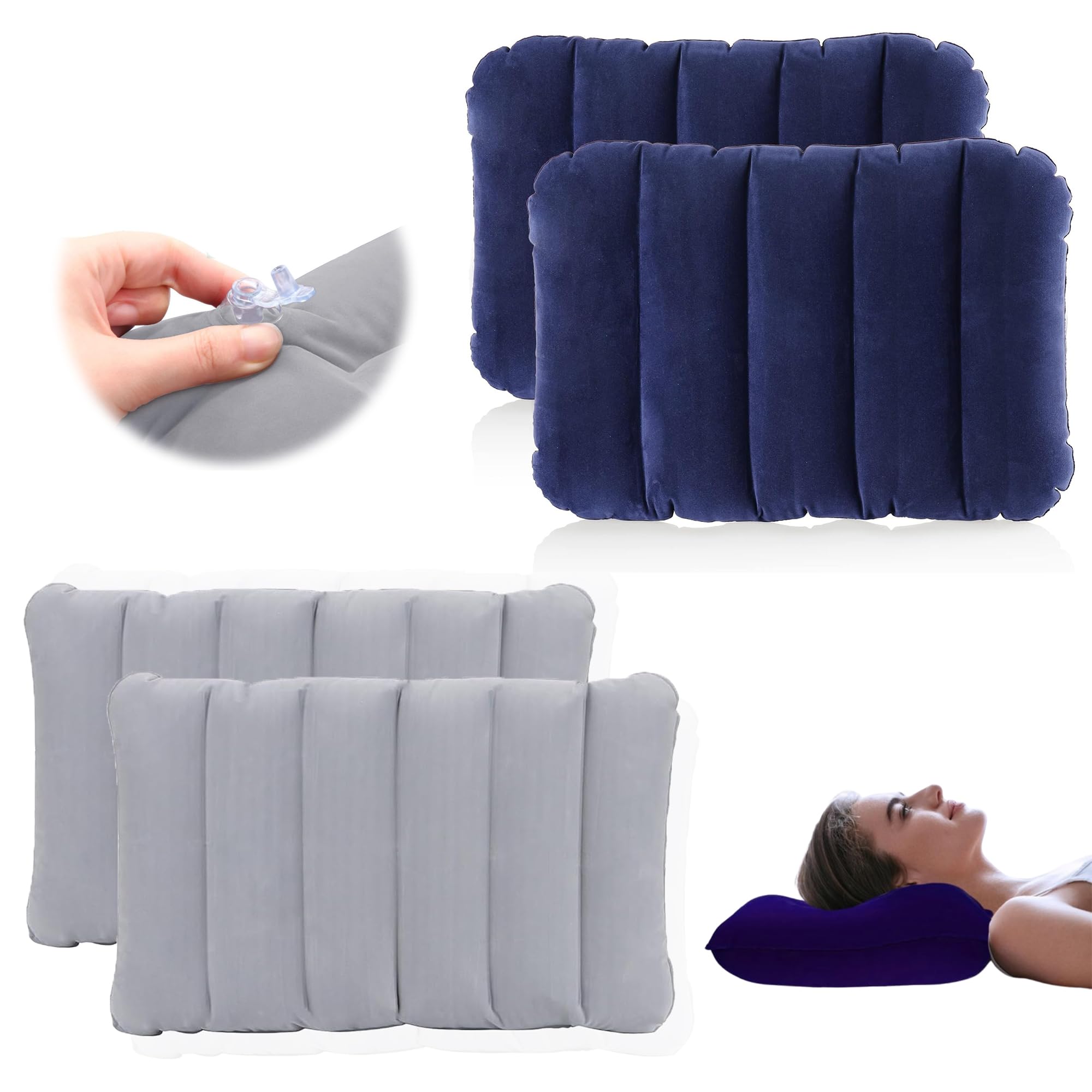 CZlinOduMMX Cómodo Almohadas de Camping Hinchables, 4 Piezas Acudiendo Almohadas de Viaje, Súper Ligero Almohada Inflable de Playa, Impermeable Dormir Almohada para Camping, Senderismo(Azul violeta oscuro/Gris)