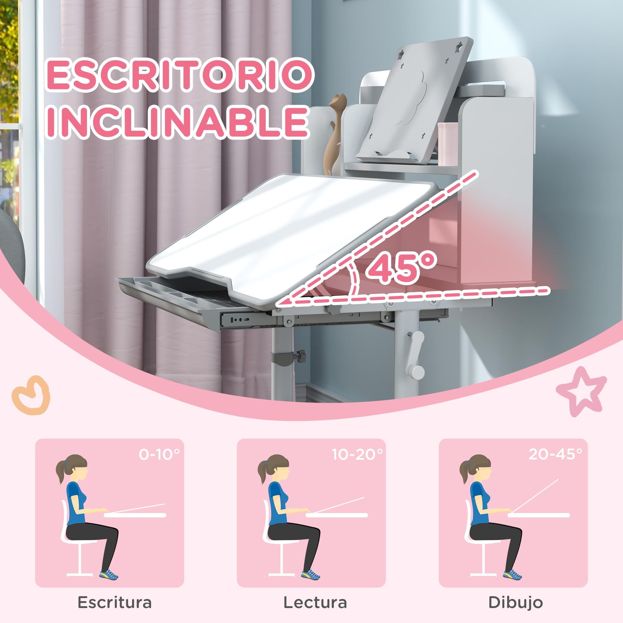 AIYAPLAY Juego de Escritorio y Silla para Niños de +3 Años, Pupitre Infantil Altura Ajustable con Tablero Inclinable, Cajón y Estantes, Respaldo Acolchado, para Libros, 80x55x107,5 cm, Gris