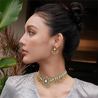 Vintage Indian Wedding Bridal Traditional Boho Jewellery Set For Women Antique Ethnic Party Prom Wear Statement Necklace Earring Tassel Bollywood Choker Punk Imitation Crystal Fashion Jewelry