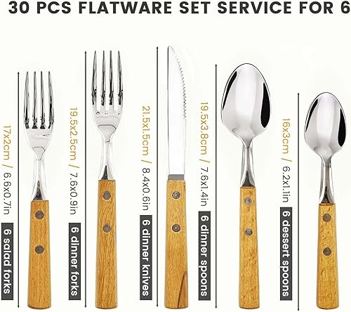 Miniatura 2 de DailyTreasures Juego de utensilios para el hogar con mango de madera, 40 piezas de cubiertos de acero inoxidable para 8 personas, juego de tenedor y