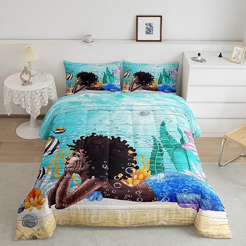 Juego de edredón de sirena negra para niños, tamaño Queen, ropa de cama de princesa sirena azul africana, regalo para niños y adultos, regalo de
