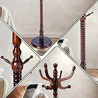 Vista 4 de Perchero de madera de 73 pulgadas, perchero independiente con 11 ganchos y base redonda sólida, resistente, altura ajustable, perchero para entrada