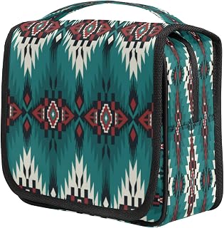 Bolsa de maquiagem Boho Asteca, bolsa de higiene pessoal de grande capacidade para mulheres e homens, impermeável, kit de acessórios étnicos abstratos para viagem, organizador portátil de cosméticos de viagem com gancho para pendurar e 4 compartimentos, Happy, ouro, Medium