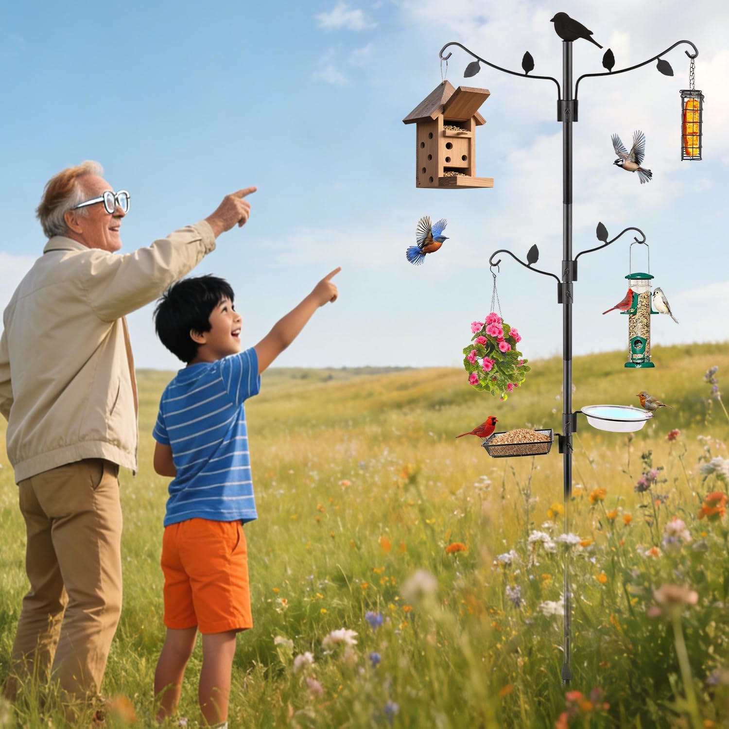 Camii 4Hook Shepherd Hooks for Outdoor, 75" Heavy Duty Bird Feeder Pole with 5 Prongs Base, Adjustable Garden Hook for Hanging Plant, Hummingbird Feeder, Lantern, Solar Light, Garden Hook for Outside