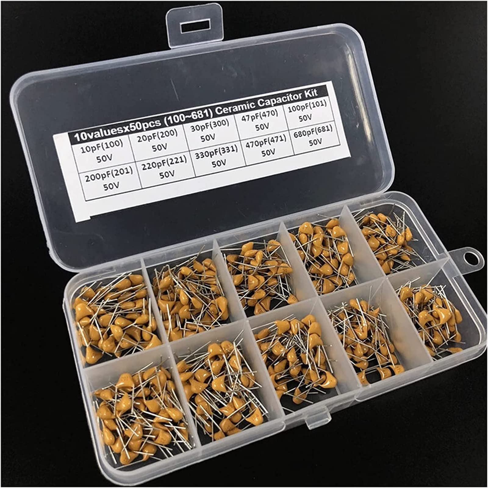 Accesorios electrónicos Kit de condensadores Kit de condensadores cerámicos monolíticos/multicapa 50V 0.1uF 10pF~10uF P=5.08mm 30Valuesx50 Total 1500pcs con condensadores de caja Dispositivos electrón