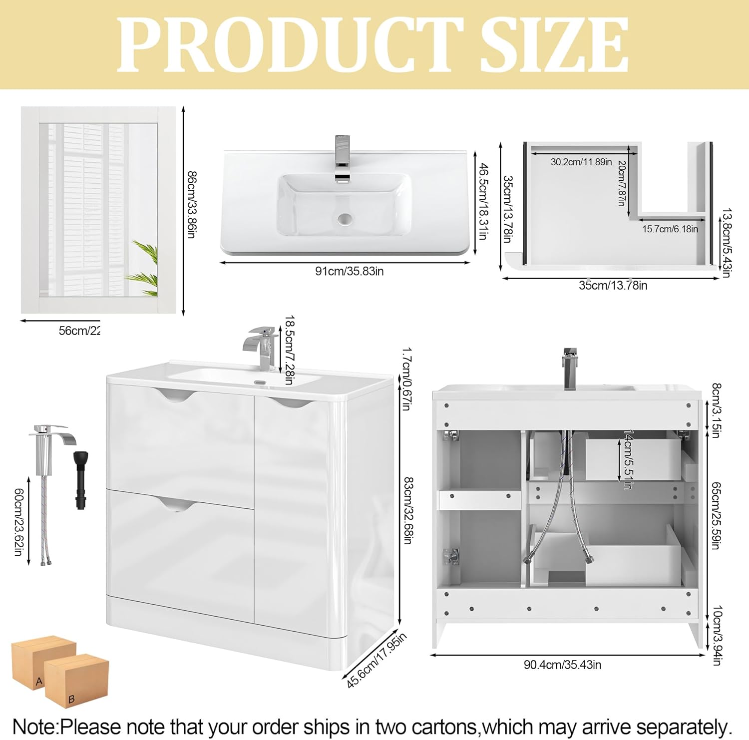 Squireewo 36 Inch Bathroom Vanity with Sink,Mirror,Faucet Set, Modern High Gloss Freestanding Bathroom Storage Vanity Cabinet Set,2 Drawers,Ceramic Storage Cabinet with Sink Combo Set,White