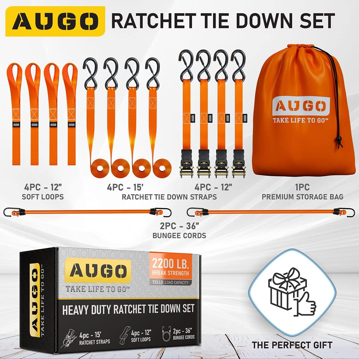 AUGO Ratchet Straps Heavy Duty 4 Pack -15 FT - 2200 LB Break Strength – Ratchet Tie Down Straps with Safety Lock S Hooks - Cargo Straps for Moving, Appliances, Motorcycle – Soft Loop Tie Down Straps - Image 5