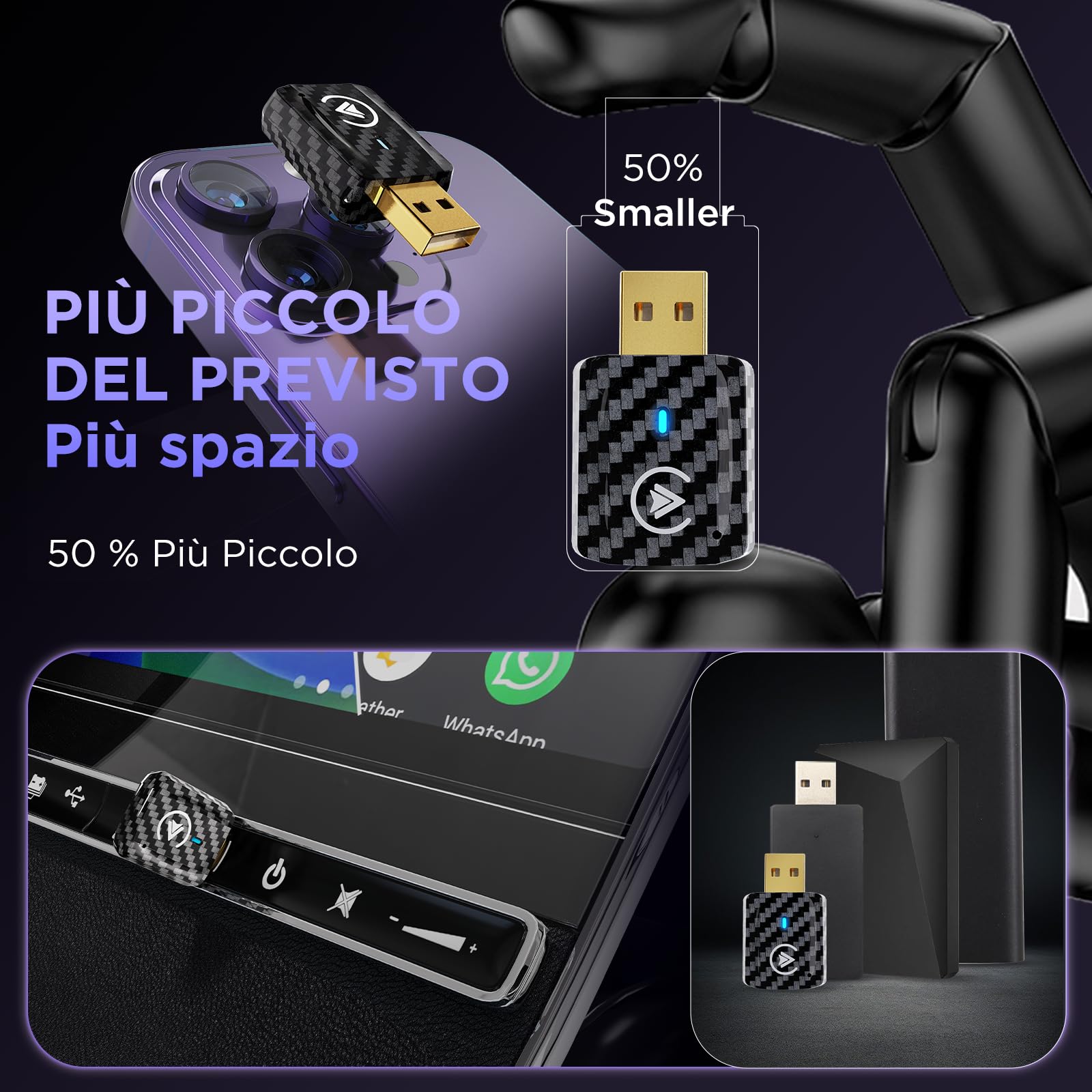 MSXTTLY Adattatore Android Auto Wireless, Carplay Wireless per iPhone 17-12 & Android 11+, Bluetooth 5.3, Dual Core WLAN 5.8GHz, Veloce e Stabile