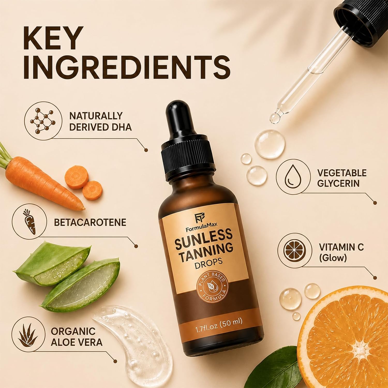 Sunless Tanning Drops for Face & Body Gift Box, 1.7 fl oz (50ml) | Plant Based Self Tanner Drops + Soft Self Tanner Brush | Achieves Sunless Streak-Free Fake Tan | Customizable Glow