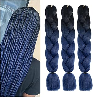 Braiding Hair Ombre Black to Dark Blue Braid Hair Extensions Hot Water Setting High Temperature Synthetic Fiber 24 Inches(B20-3Pack)