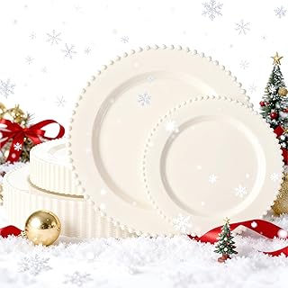 U-QE 60PCS Ivory Plastic Plates - Beaded Plates Disposable Heavy Duty - Perfect for Christmas, Party,Baby Shower,Wedding - Include 30PCS 10inch Dinner Plate & 30PCS 7inch Dessert Plate