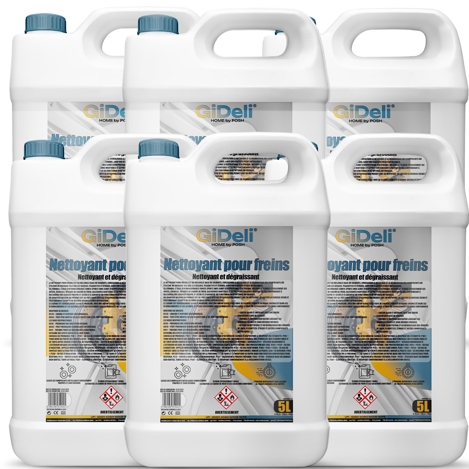 GiDeli Nettoyant pour freins 6 x 5 l - Pour voiture, moto et vélo - Élimine l'huile, la graisse, la poussière de frein, les résidus de colle - Dégraissant d'atelier, séchage rapide, sans résidus