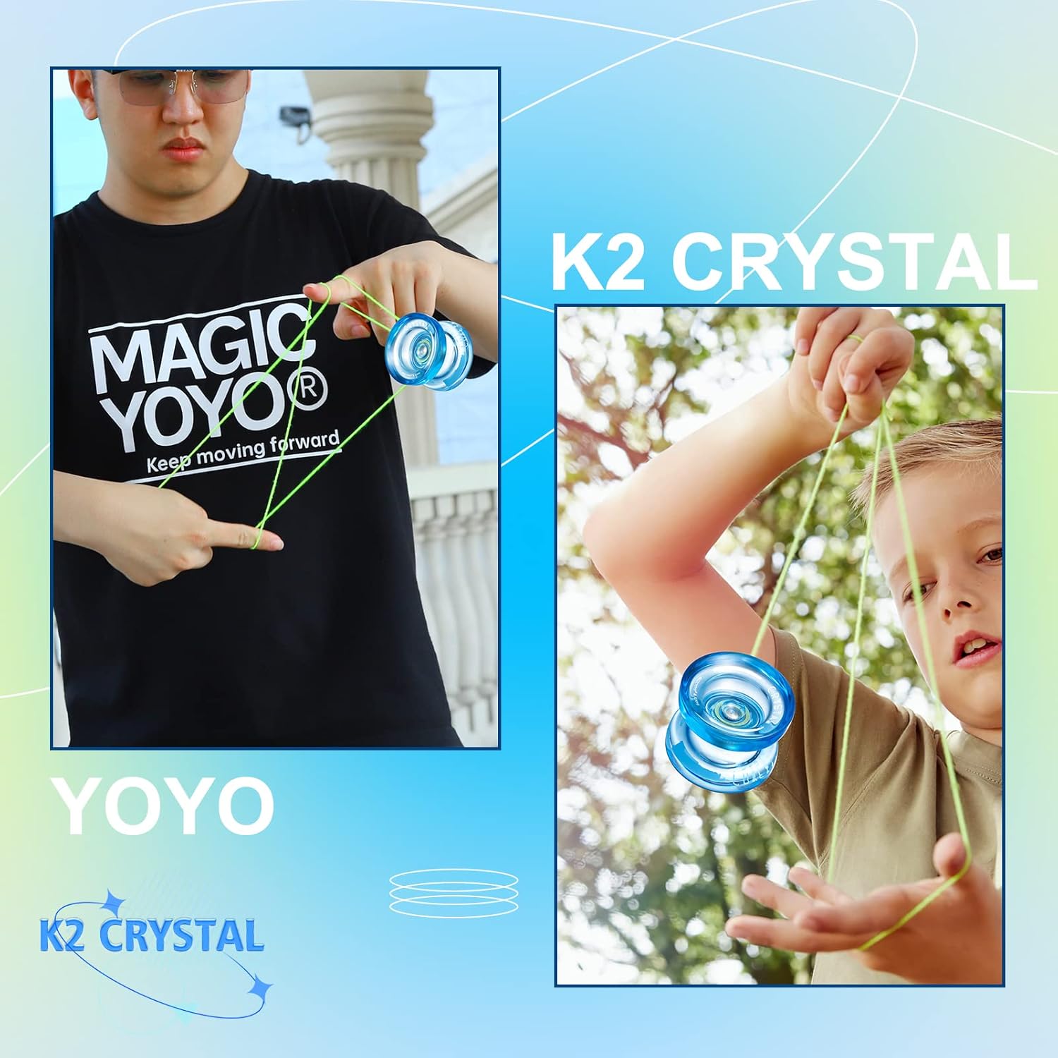 MAGICYOYO Yoyo Cristal K2 Réactif pour Enfants, Yoyo Professionnel pour Débutants, Yo-Yo Bicolore à Double Fonction avec 12 Cordes de Yoyo, Sac de Transport de Yoyo + Kit d'Accessoires de Yoyo
