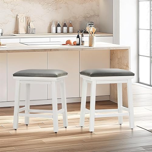 Miniatura 12 de Sophia & William Juego de 4 taburetes de bar de altura de mostrador, modernos taburetes de bar de piel sintética sin respaldo con patas de madera
