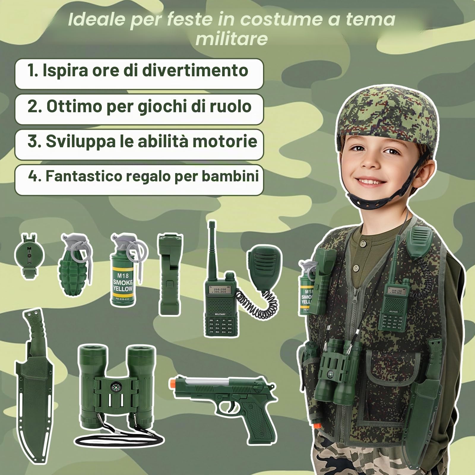 deAO Costume da Soldato per Bambini, Set Travestimento Militare Mimetica | Elmetto, Binocolo, Pistola Giocattolo, Granate Giocattolo, Accessori per Soldato Militare - Set per Gioco di Ruolo, 3 Anni+