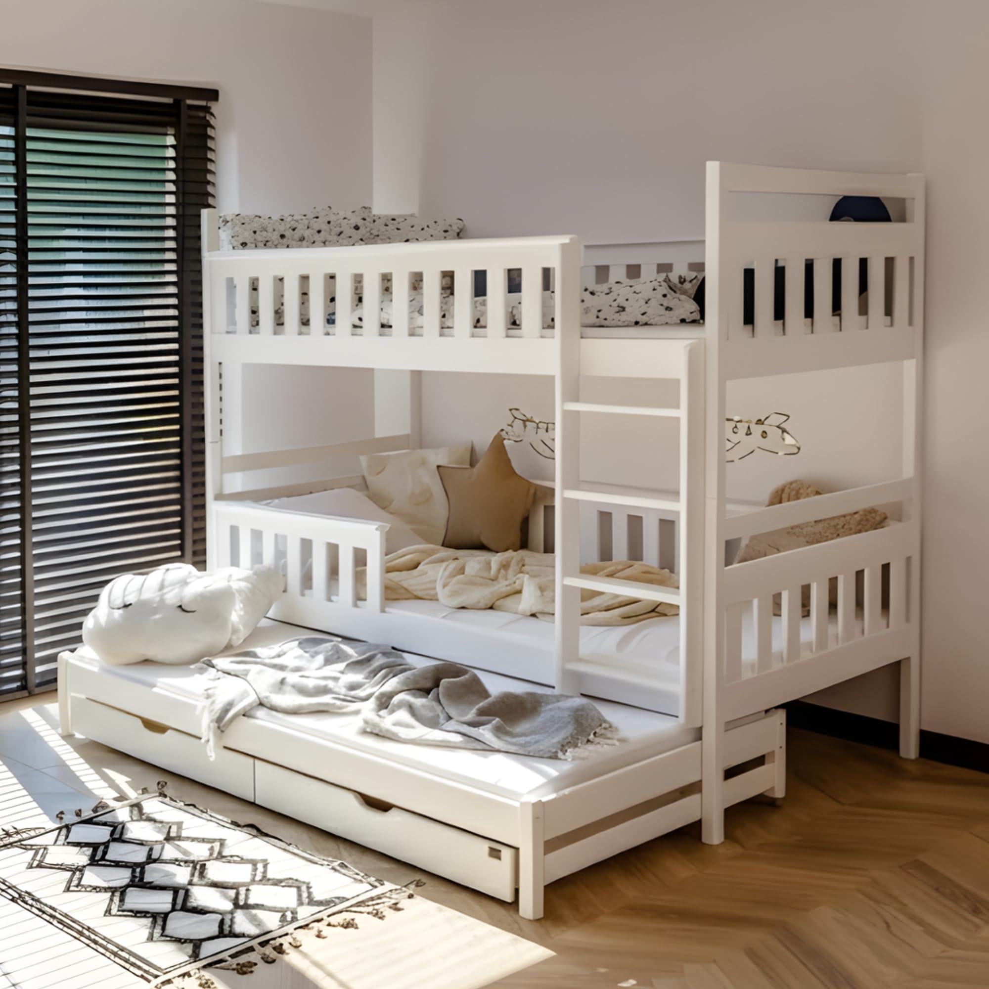 Kids Collective Hochbett 90x200 mit 3 Matratzen, Ausziehbett Etagenbett mit Ausziehfunktion, Zwei Schubladen, Lattenrost, Rausfallschutz umbaubar in DREI Einzelbetten, Vollholz massiv | weiß