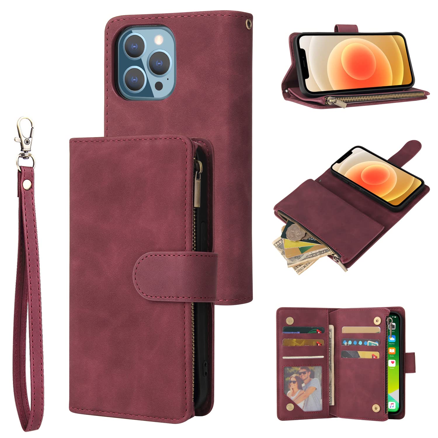 RANYOK Wallet Case Compatible with iPhone 13 Pro Max (6.7 inch), Premium PU Leather Zipper Folio Wallet RFID Blocking with Wrist Strap Magnetic Closure Built-in Kickstand Protective Case (Wine Red)