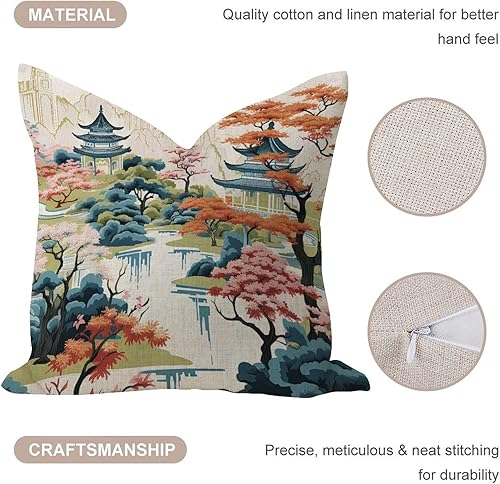 Miniatura 5 de Funda de almohada rústica de 16 x 16 pulgadas, pagoda asiática, blanca, coral, azul, decoración, cómoda, funda de cojín asiática con pájaros