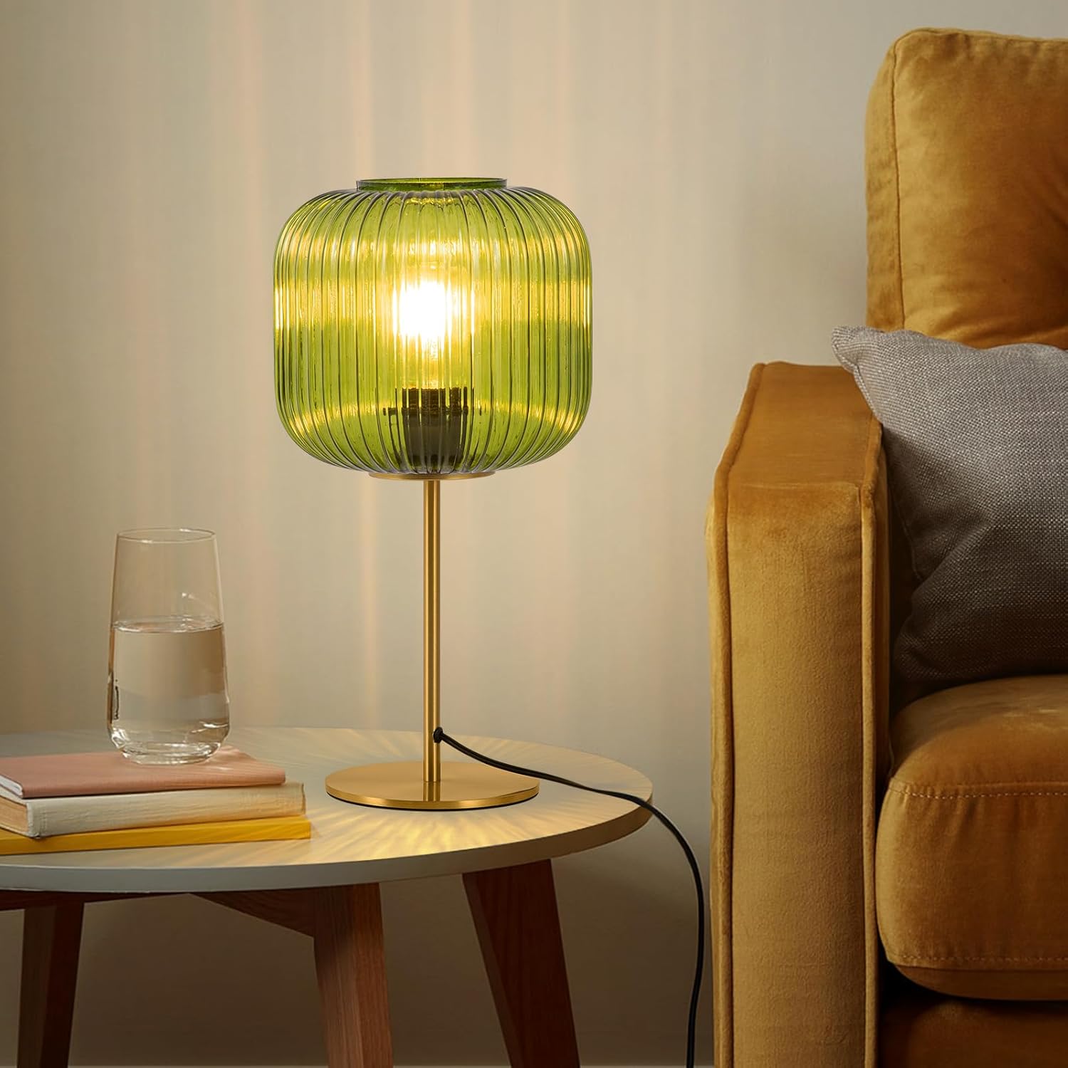 Vintage Glass Table Lamps, Small Green Bedside Table Lamp with Plug-in Style, Mid Century Modern Globe Nightstand Lamp for Bedroom, Gold Desk lamp for Bedroom Living Room Office