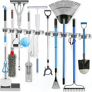 2 Pack Heavy Duty Wall Mount Broom Holder – Stainless Steel with 5 Racks & 4 Hooks Broom Organizer– Self-Adhesive or Screw Mount Mop Holder for Garage, Laundry, Kitchen – Silver