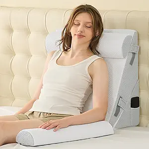 Sasttie Wedge Pillow Set for After Surgery, 4PCS Adjustable Bed Wedge Pillow Headboard with Memory Foam Neck Cushion – for Acid Reflux, Sleeping, Neck & Back Support, Light Grey & White