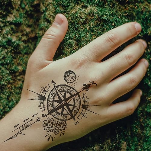 Miniatura 6 de Impermeable falso tatuaje temporal etiqueta engomada 8 hojas pequeño lindo mano negro brújula ancla ballena cruz mariposa corazón