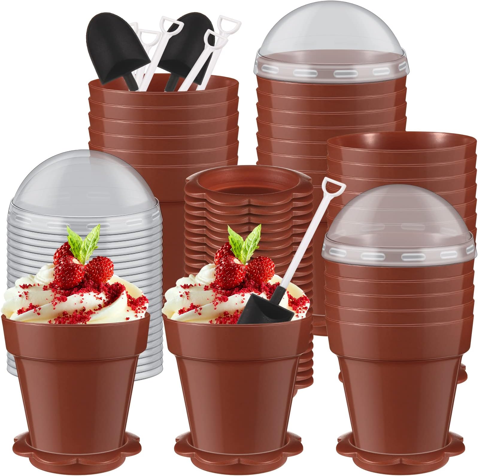 Honeydak 50 Pack Flowerpot Dessert Cup Plastic Cake Cups with Lid Shovel Spoon Bottom Tray Small Flower Pot Cups Dessert Ice Cream Yogurt Containers Holder for Ice Cream DIY(Brown)