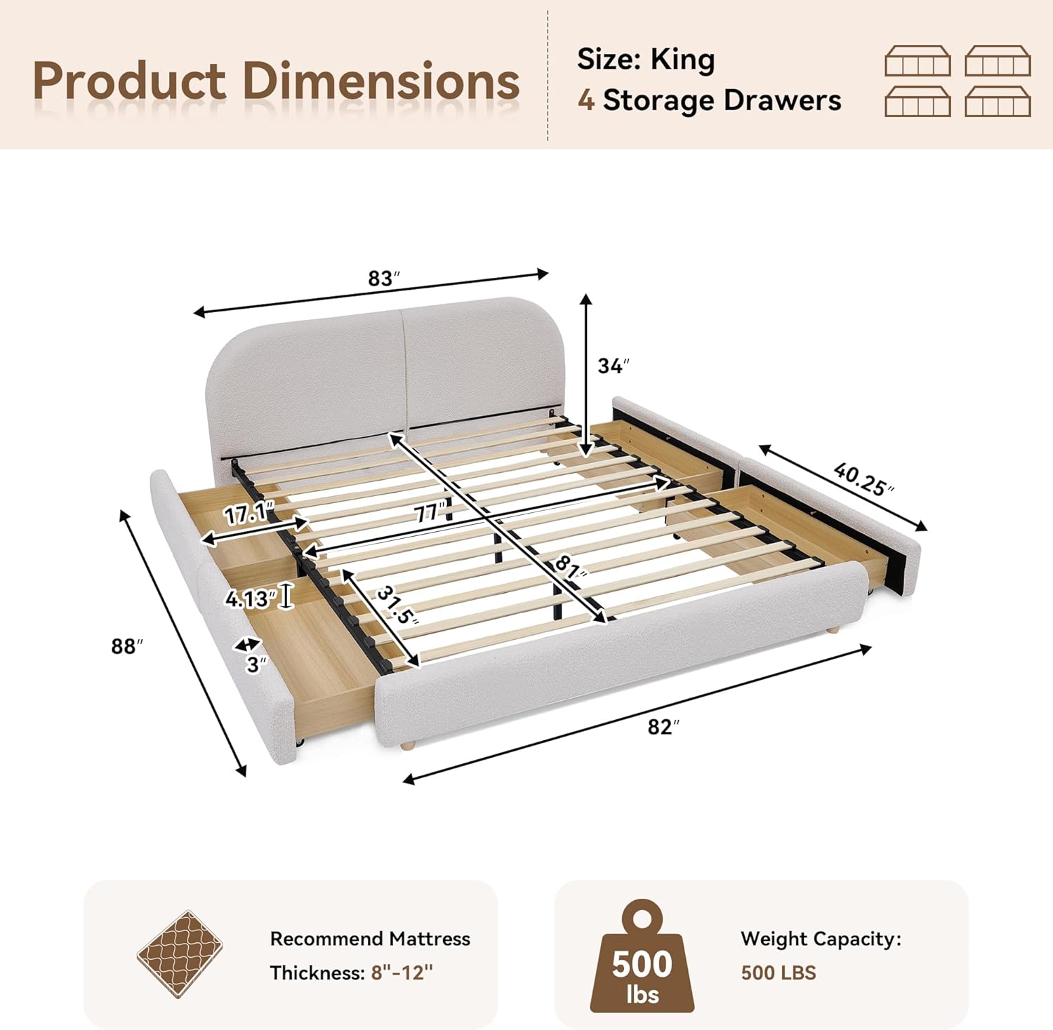 extrasleep King Size Soft Cloud Bed Frame with 4 Storage Drawer and Tall Curved Headboard, Modern Floor Upholstered Platform Bed Frame for Bedroom, Wooden Slats Support, Easy Assembly, Beige