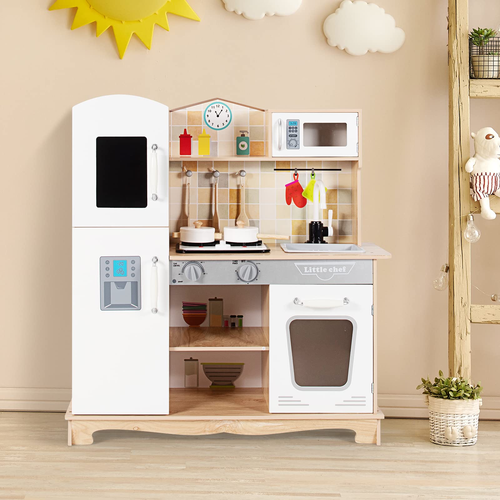 RELAX4LIFE Cucina Giocattolo in Legno per Bambini, Mini Cucina con Utensili da Cucina, Suoni e Luci Realistici, Giocattolo Educativo per Bambini 3+ Anni