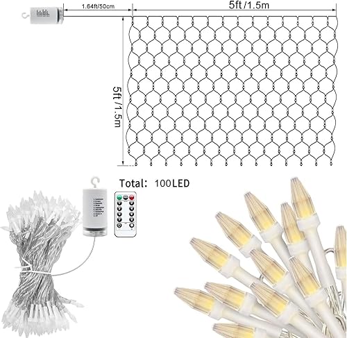 Miniatura 8 de Red de luz de Navidad para exteriores, 100 luces LED de malla de 5 x 5 pies, funciona con pilas, cadena de luces de Navidad conectable, impermeable,