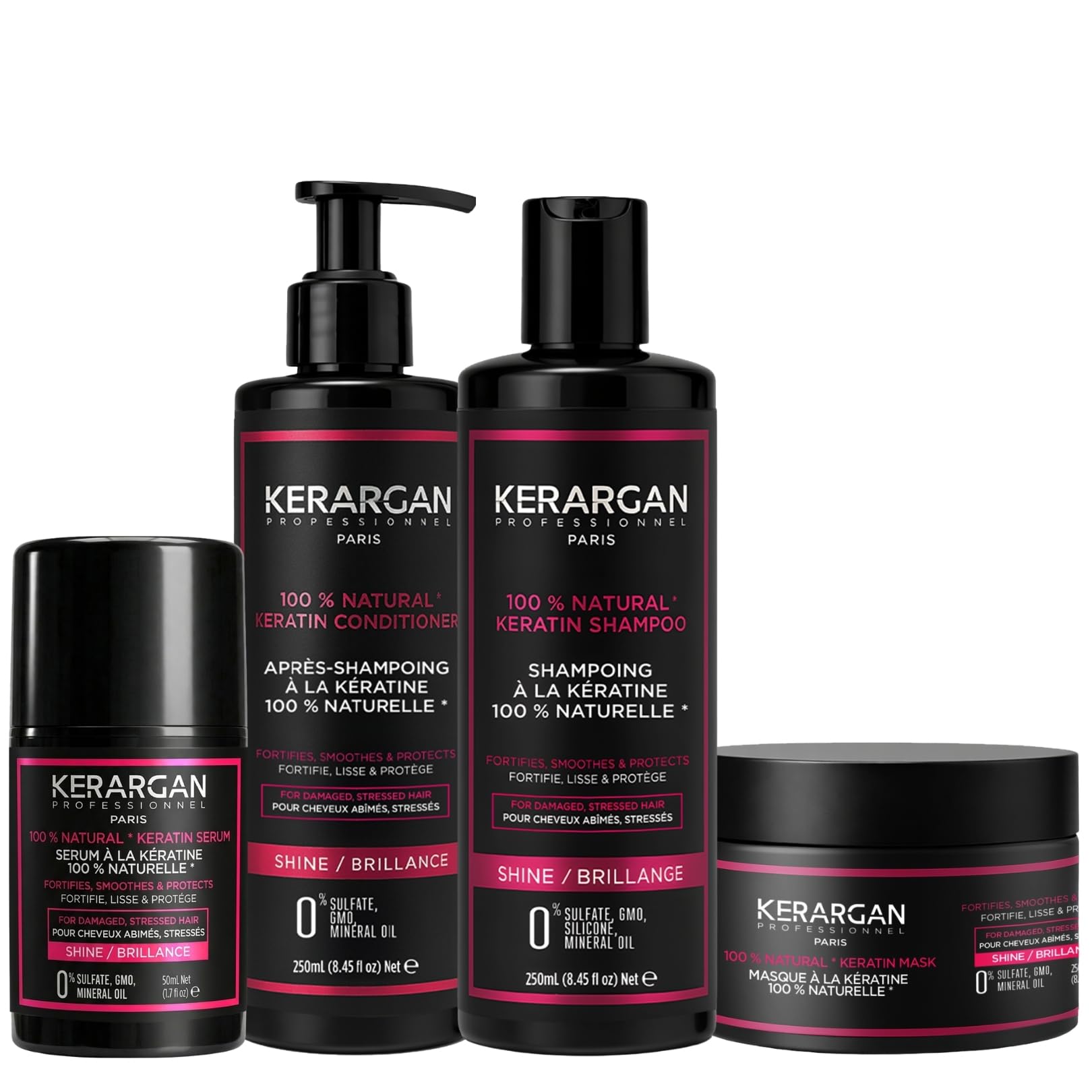 KERARGAN - Keratin 4er Haarpflege-Set Reparatur - 3x250ml+50ml | Shampoo, Conditioner, Haarmaske und Haarserum, komplette Routine zum Reparieren, Glätten und Schützen