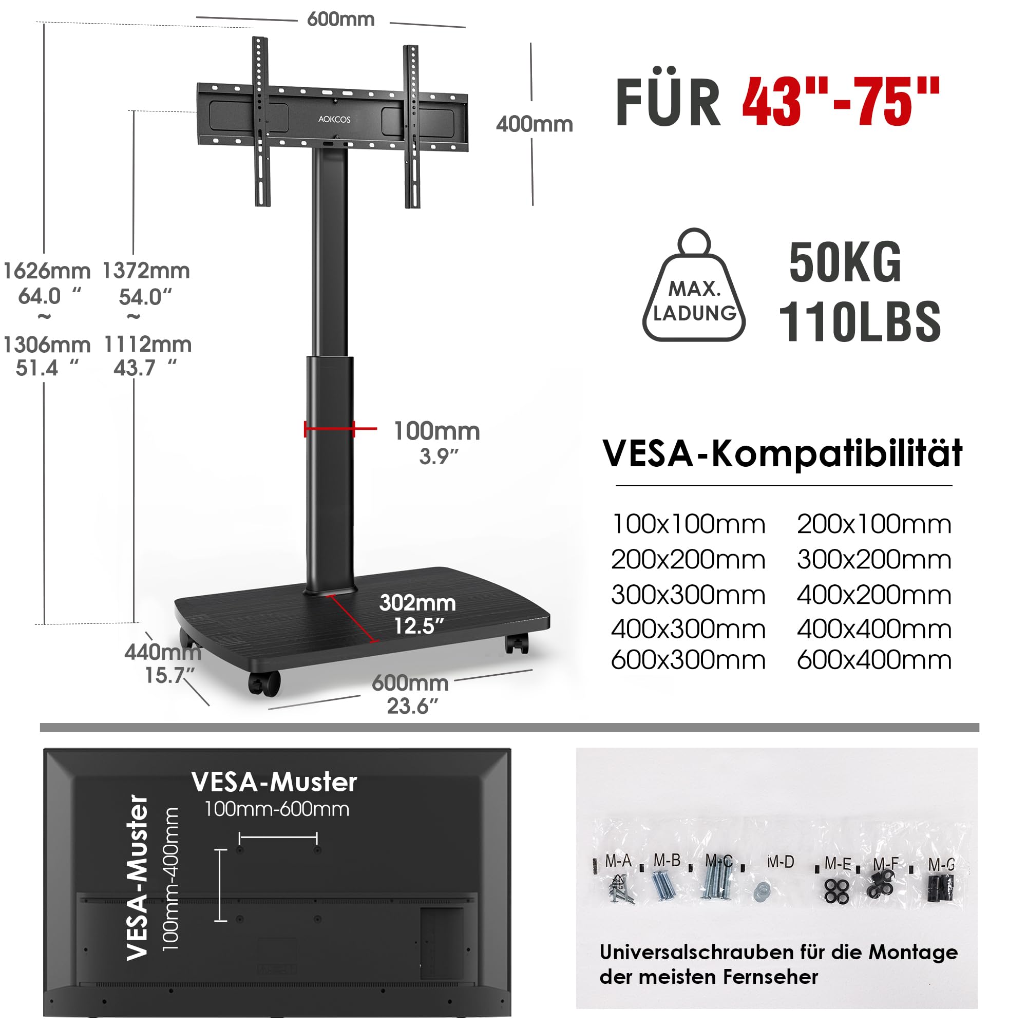 AOKCOS TV Bodenständer Rollbar mit Holzregal, TV Ständer mit Rollen für 43-75 Zoll Flach & Curved Fernseher bis 50kg, Höhenverstellbar Schwenkbar Fernsehstand, Max.VESA 600x400mm