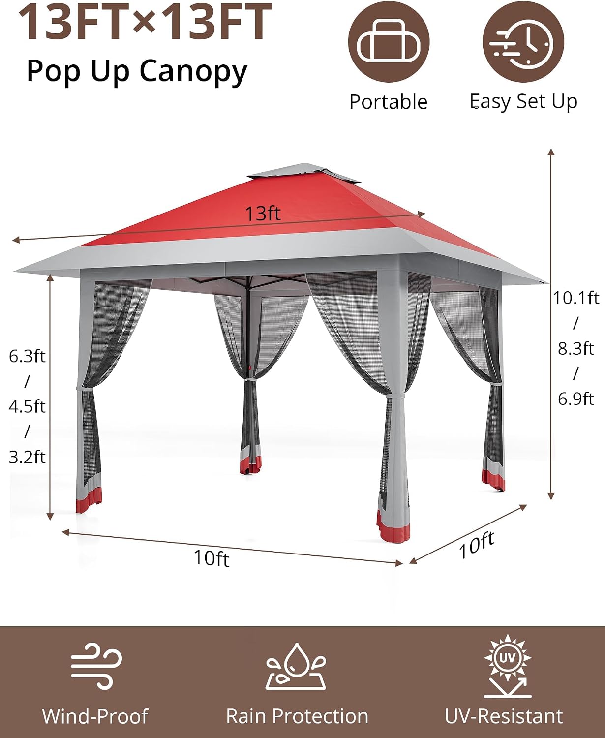 13x13ft Pop Up Gazebo, Outdoor Canopy Tent with Mosquito Netting, Heavy Duty Party Tent Shelter with Waterproof & Ultraviolet Double Roof for Backyard, Garden, Lawn
