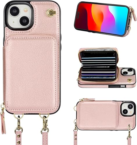 Bocasal Funda tipo cartera cruzada para iPhone 15, funda de piel con bloqueo RFID y soporte para tarjetas, funda protectora con cremallera y correa