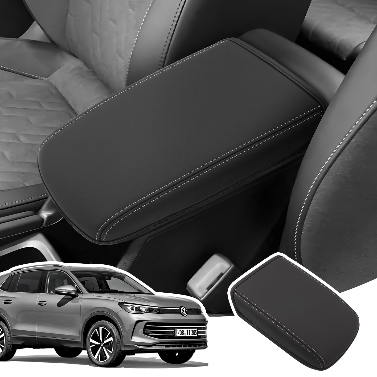 Pokrowiec Podłokietnik z Zagęszczoną Gąbką dla VW Tiguan 2024-2026 | Ochrona Podłokietnika Konsoli Środkowej, Tworzywo Skóra PU, Akcesoria do Podnoszenia Podłokietnika, Czarny